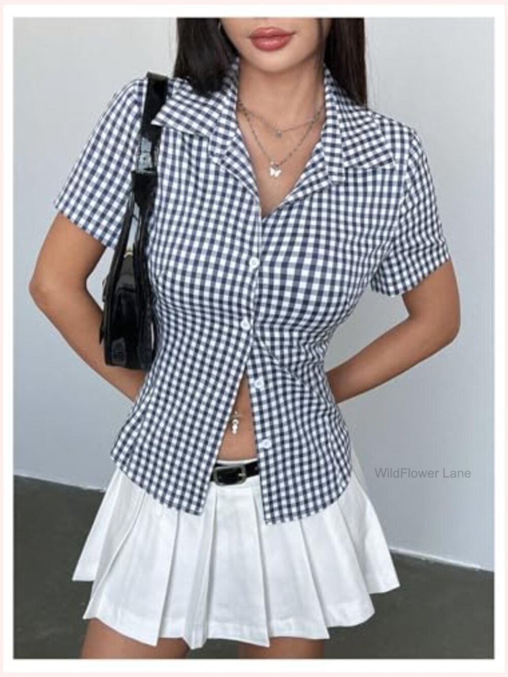 Women's Gingham Button Up Short Sleeve Blouse Y2K Dressy Casual Top - Picture 3 of 5